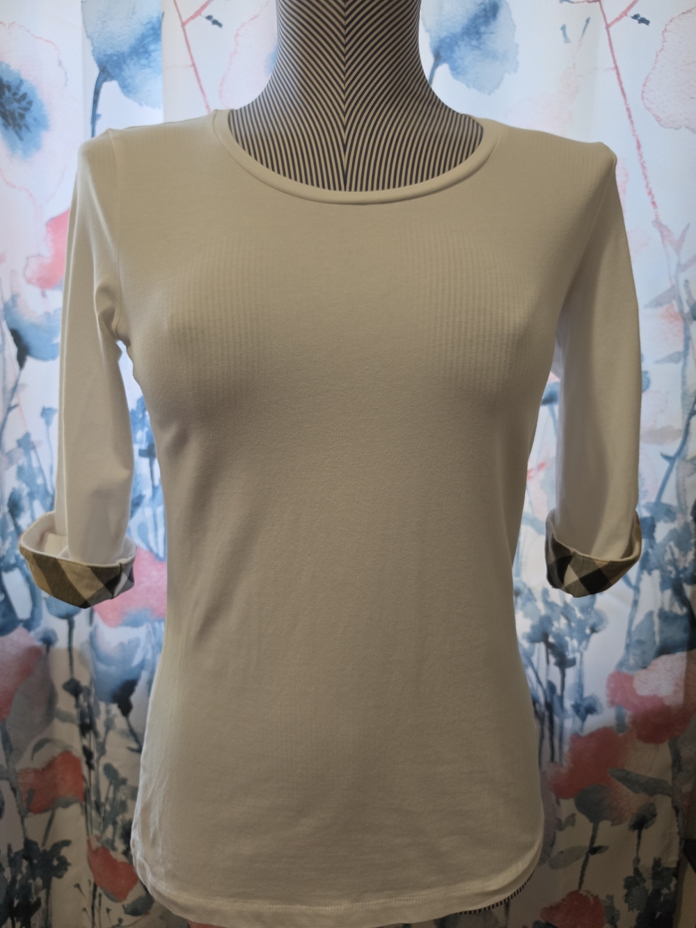 Burberry Cream Long Sleeve Crewneck Top with Plaid Roll Cuffs